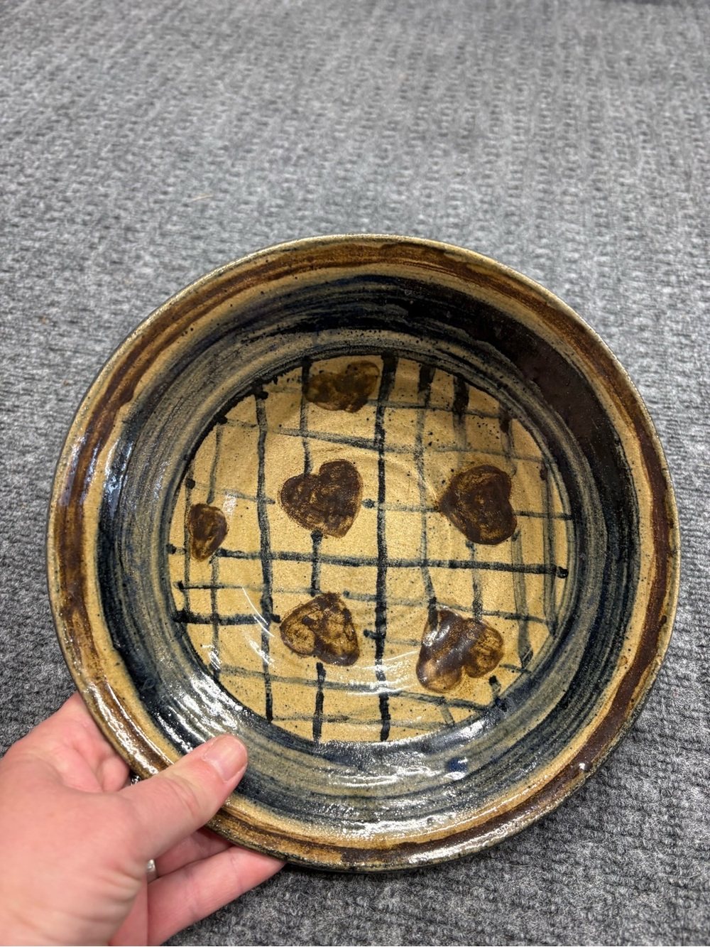 Artisan Ceramic Serving Bowl in Brown and Cream with Heart Motif